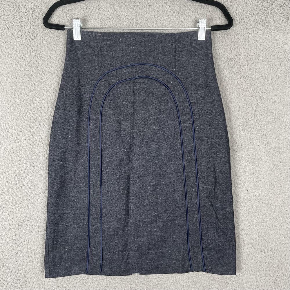 In The Now Skirt Womens 2 Gray Blue Wool Blend Pencil Pipe Trim Career Lined